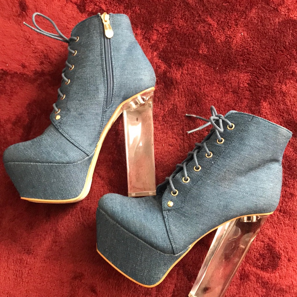 Denim platform heels